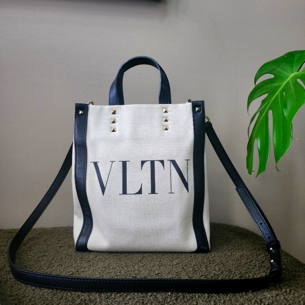 VALENTINO NEUTRAL VLTN CANVAS/LEATHER BAG